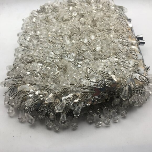 Vintage Beaded Sequin Clutch Evening Bag Wedding Snap White Made Hong Kong Purse - Picture 7 of 16